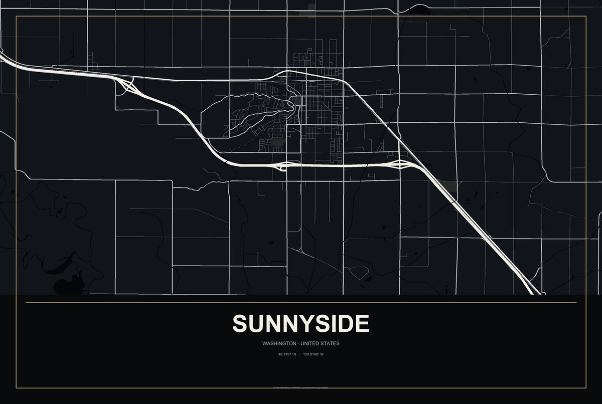 Sunnyside, Washington City Map Aluminum Sign in Metropolitan Noir style