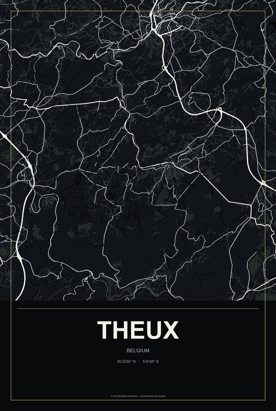 Theux, Belgium City Map Aluminum Sign in Metropolitan Noir style