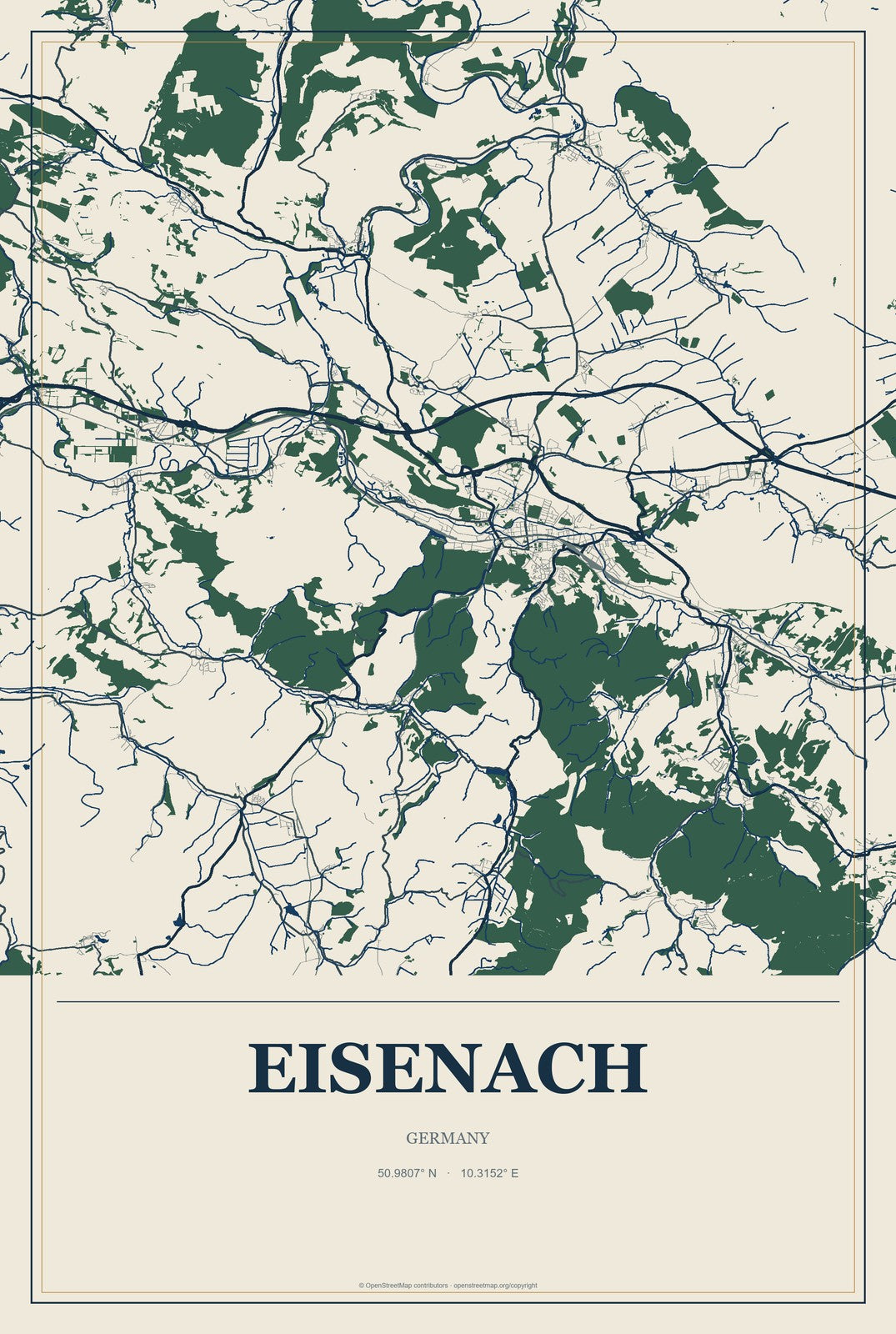 Eisenach, Germany City Map Aluminum Sign in Coastal Cutout style