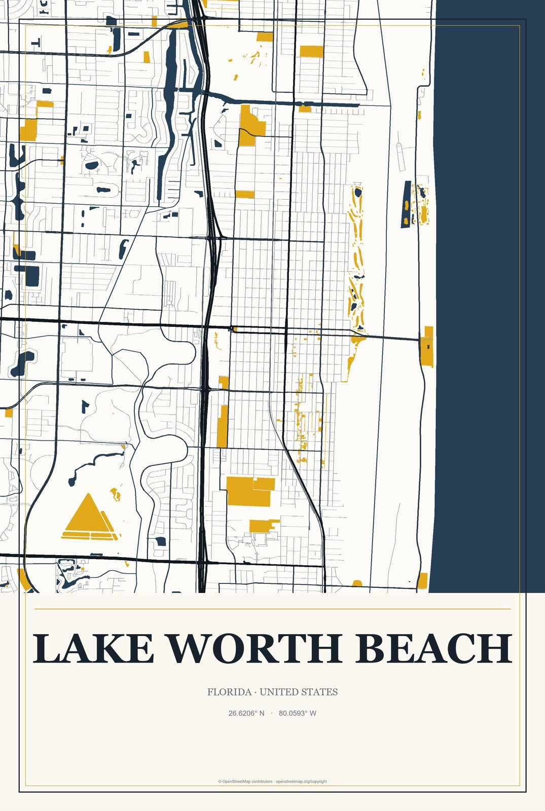 Lake Worth Beach, Florida City Map Aluminum Sign in Citrine Modern style