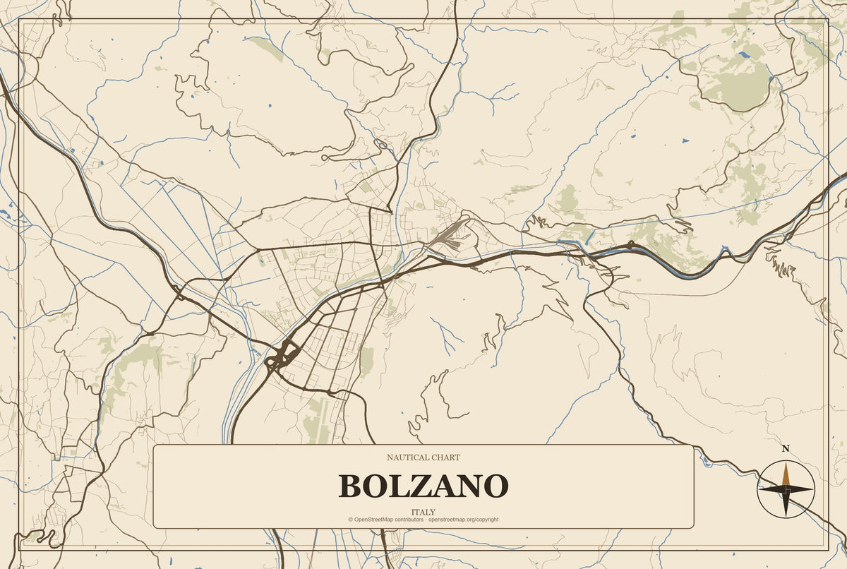 Bolzano, Italy City Map Aluminum Sign in Heritage Nautical style