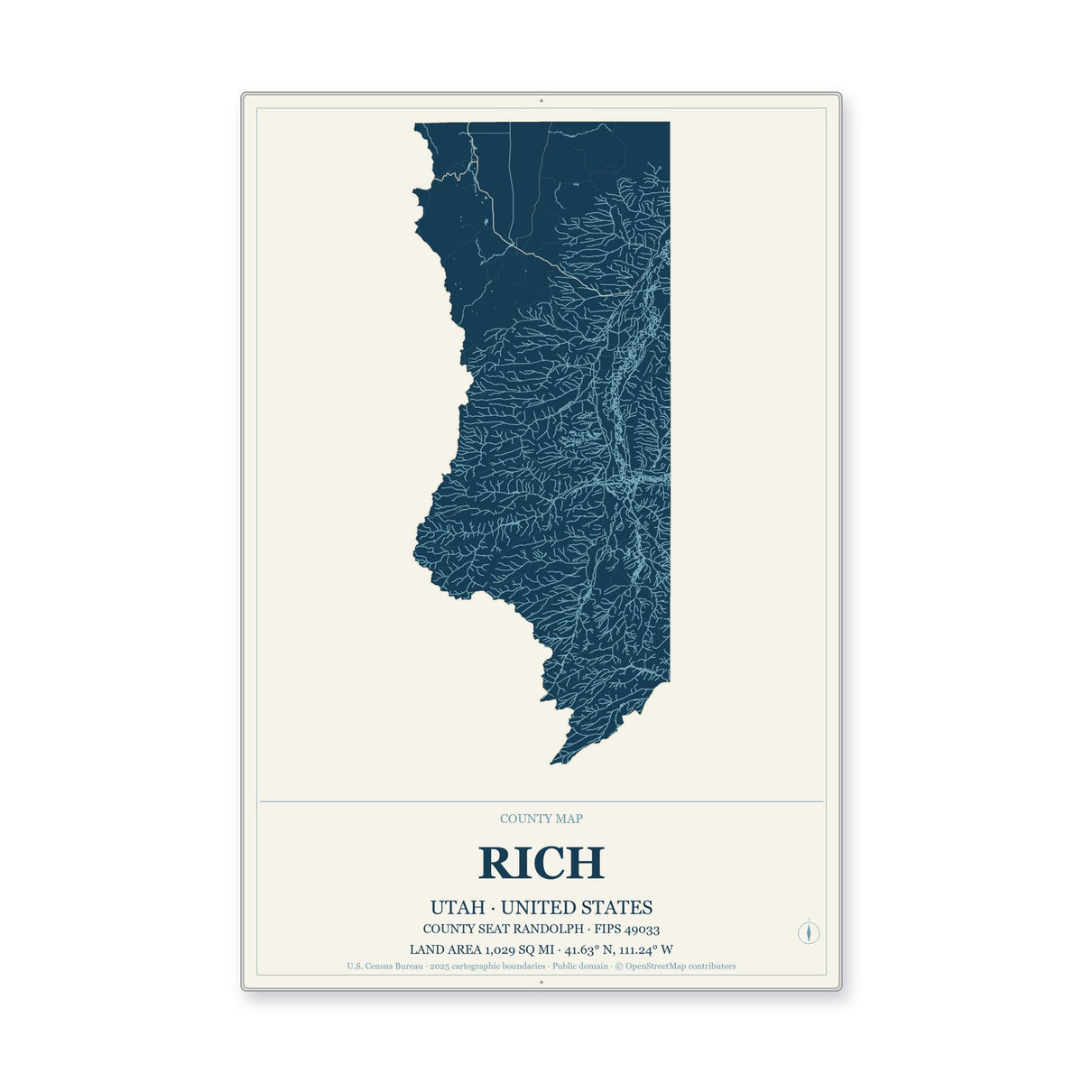 Rich County, Utah Map Aluminum Sign in Coastal Cutout style