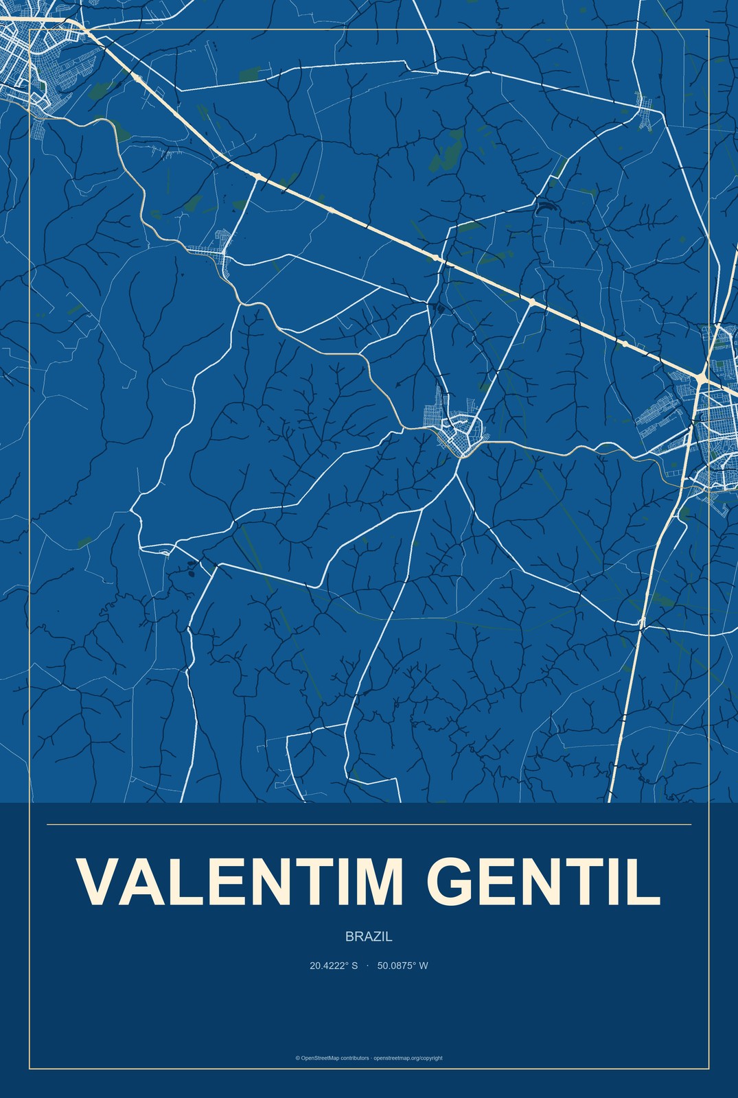 Valentim Gentil, Brazil City Map Aluminum Sign in Harbor Cobalt style