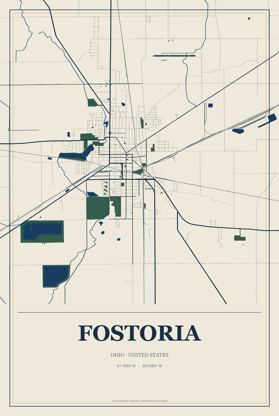 Fostoria, Ohio City Map Aluminum Sign in Coastal Cutout style