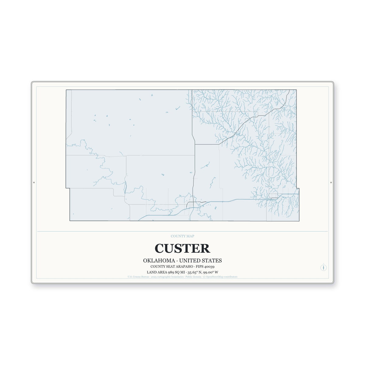 Custer County, Oklahoma Map Aluminum Sign in Gallery Air style