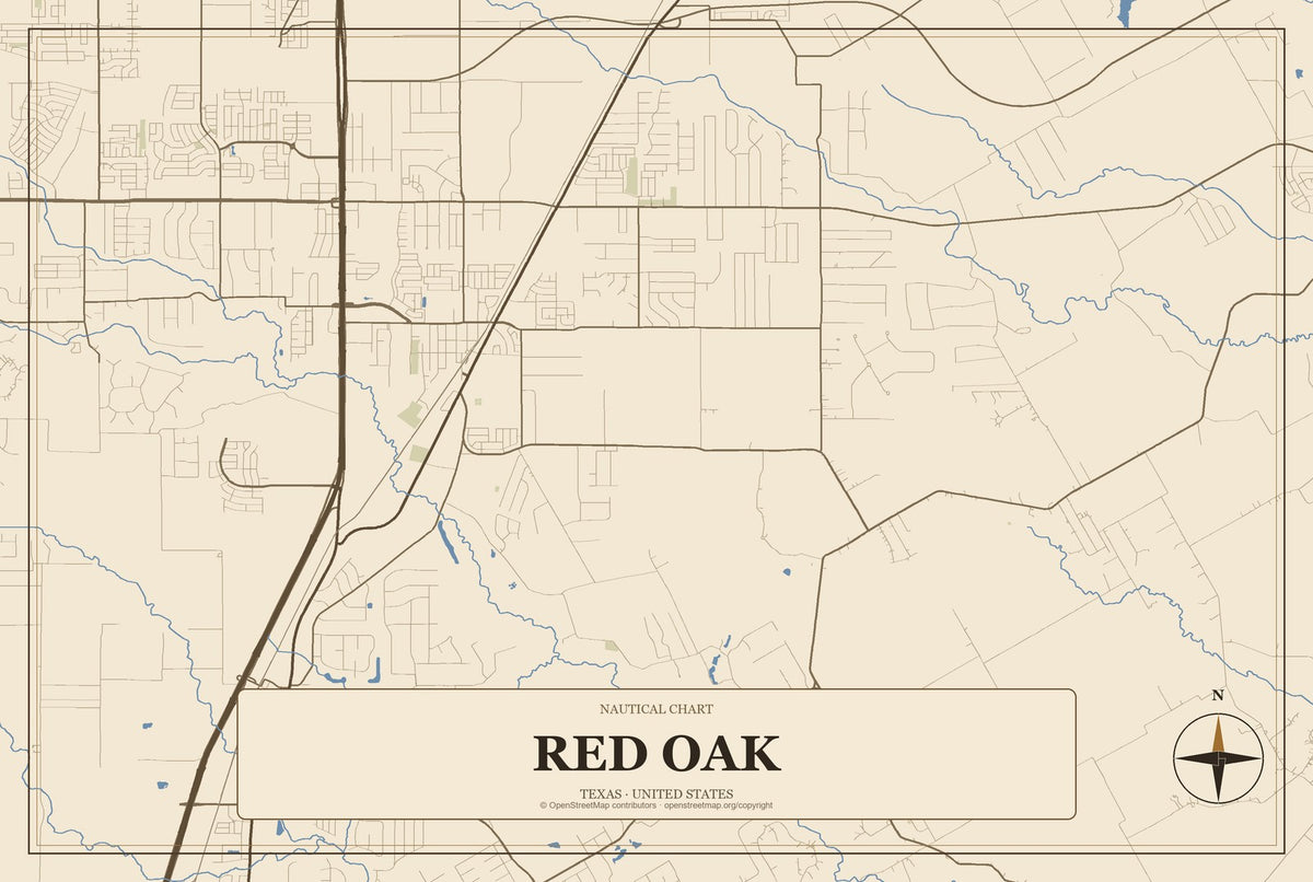 Red Oak, Texas City Map Aluminum Sign in Heritage Nautical style