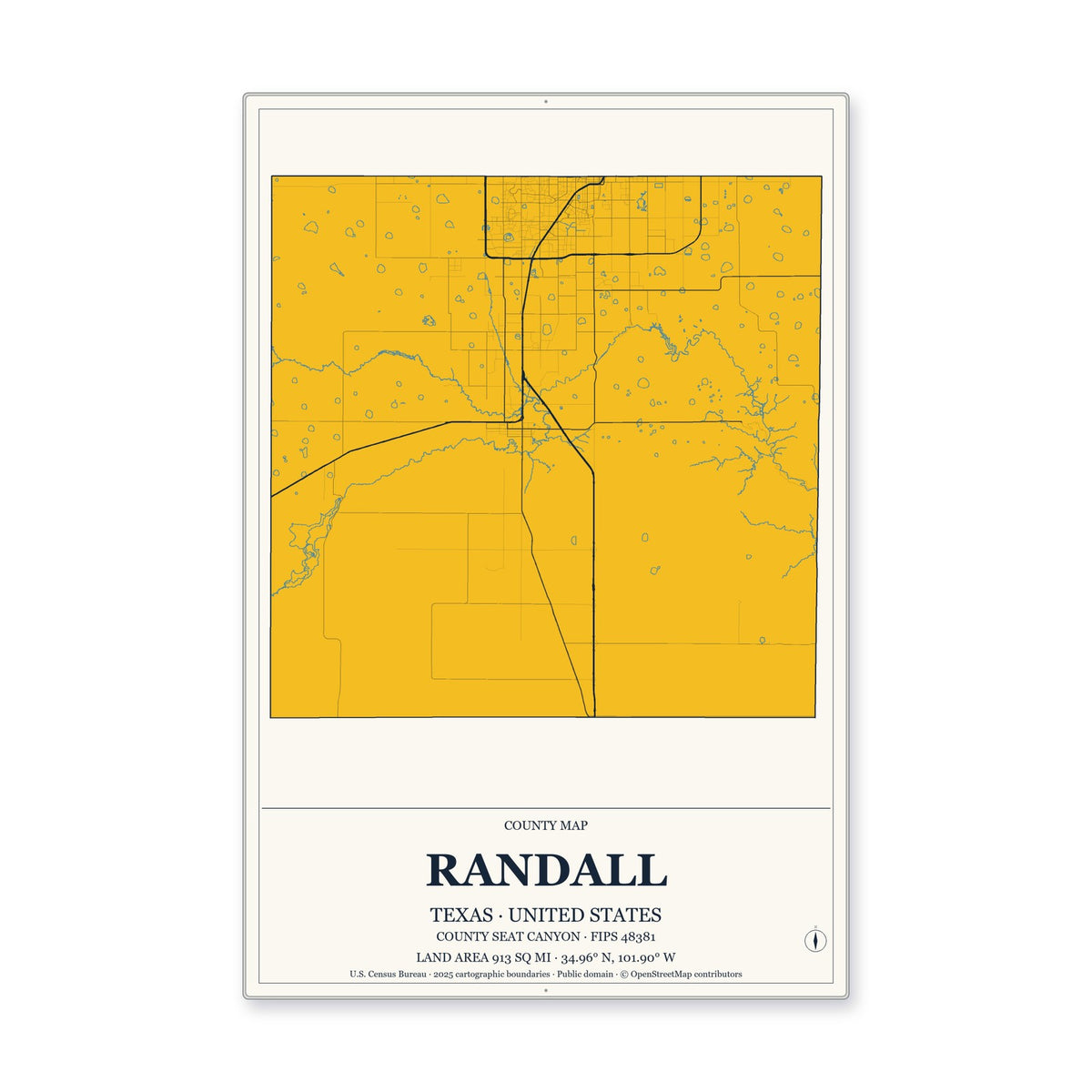 Randall County, Texas Map Aluminum Sign in Citrine Modern style