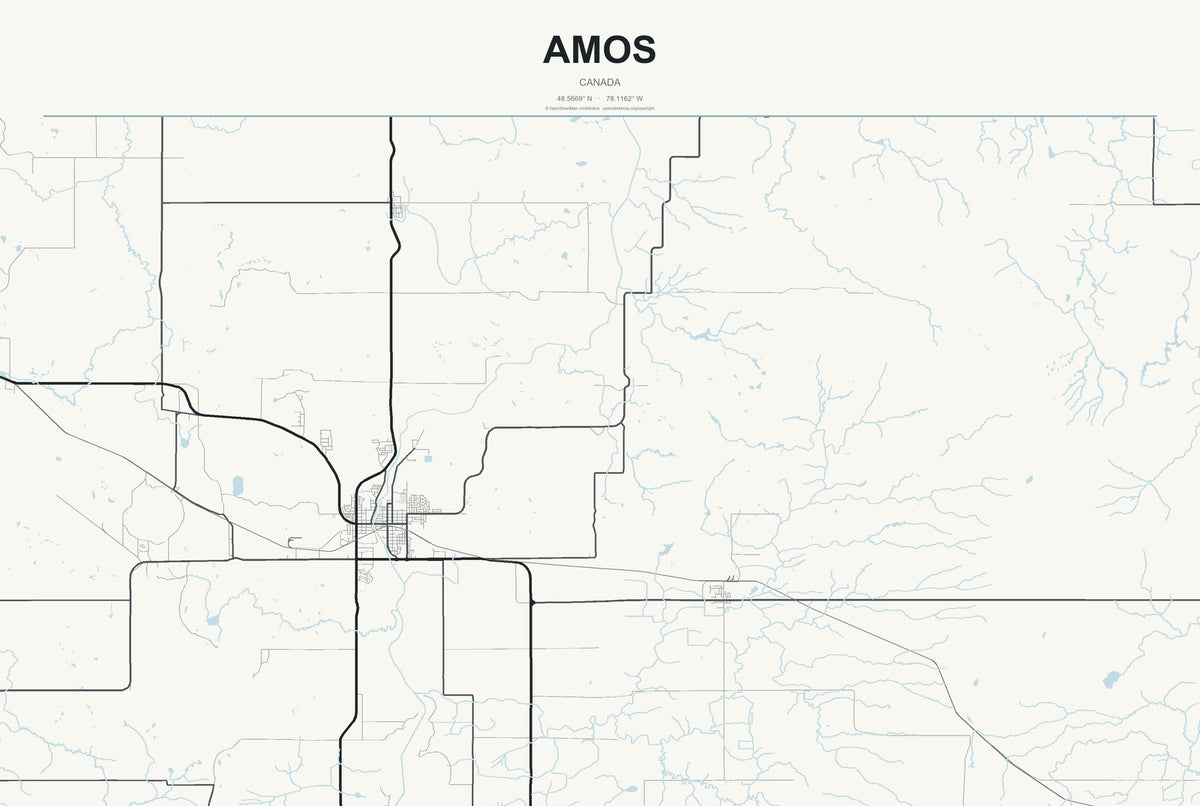Amos, Canada City Map Aluminum Sign in Headline Atlas style