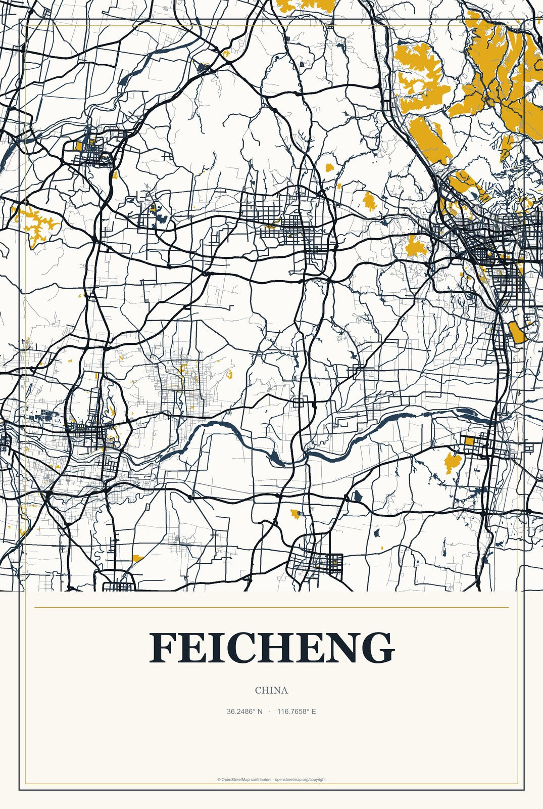 Feicheng, China City Map Aluminum Sign in Citrine Modern style
