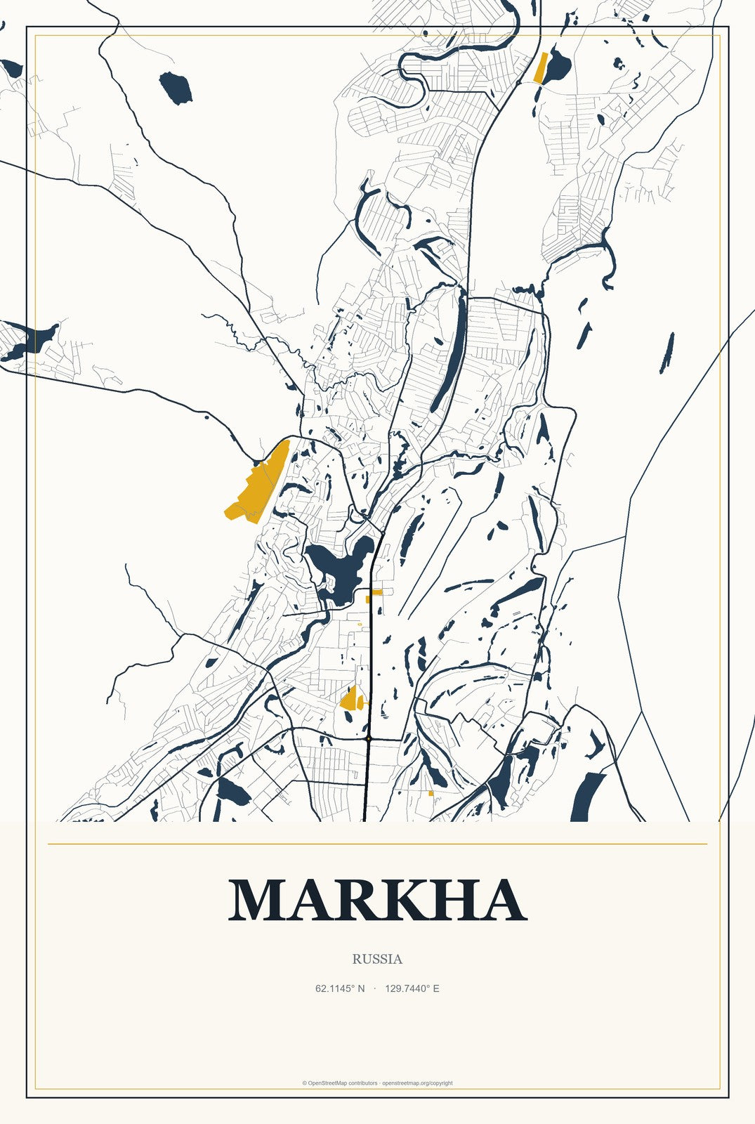 Markha, Russia City Map Aluminum Sign in Citrine Modern style