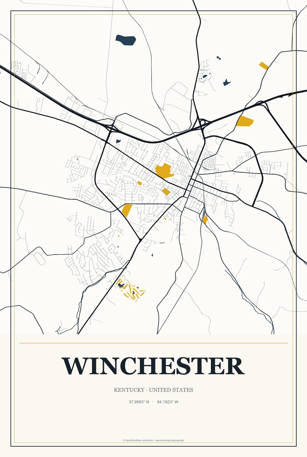 Winchester, Kentucky City Map Aluminum Sign in Citrine Modern style