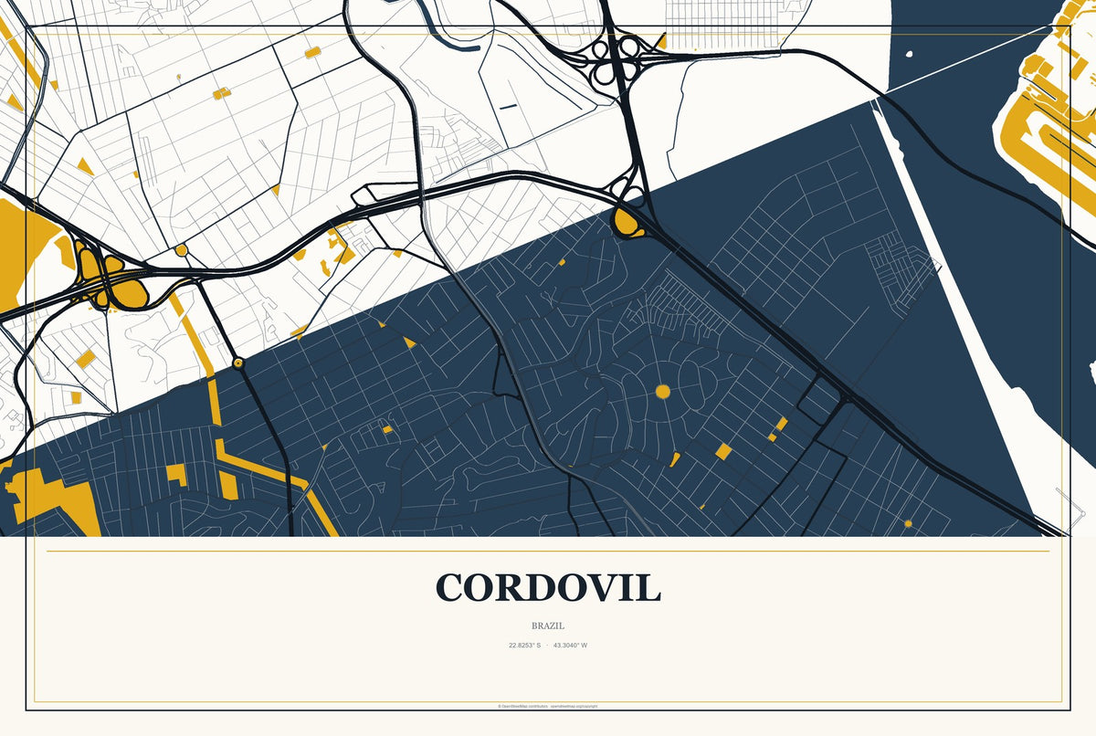 Cordovil, Brazil City Map Aluminum Sign in Citrine Modern style