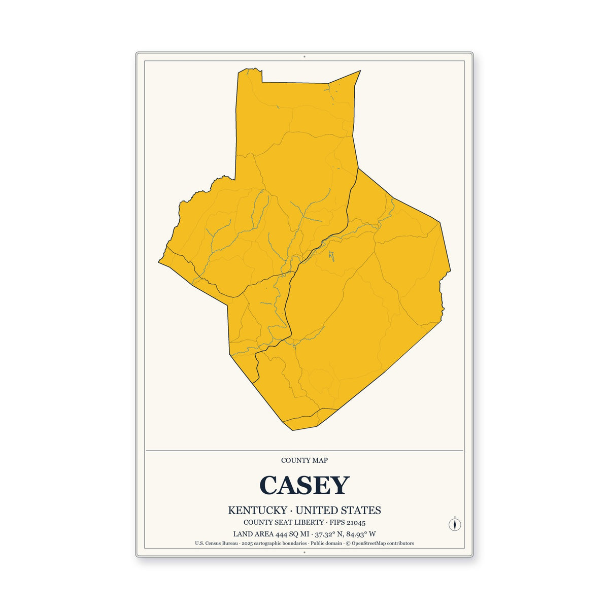 Casey County, Kentucky Map Aluminum Sign in Citrine Modern style
