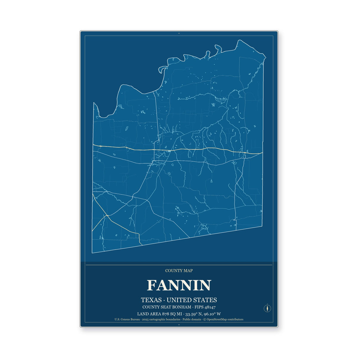 Fannin County, Texas Map Aluminum Sign in Harbor Cobalt style
