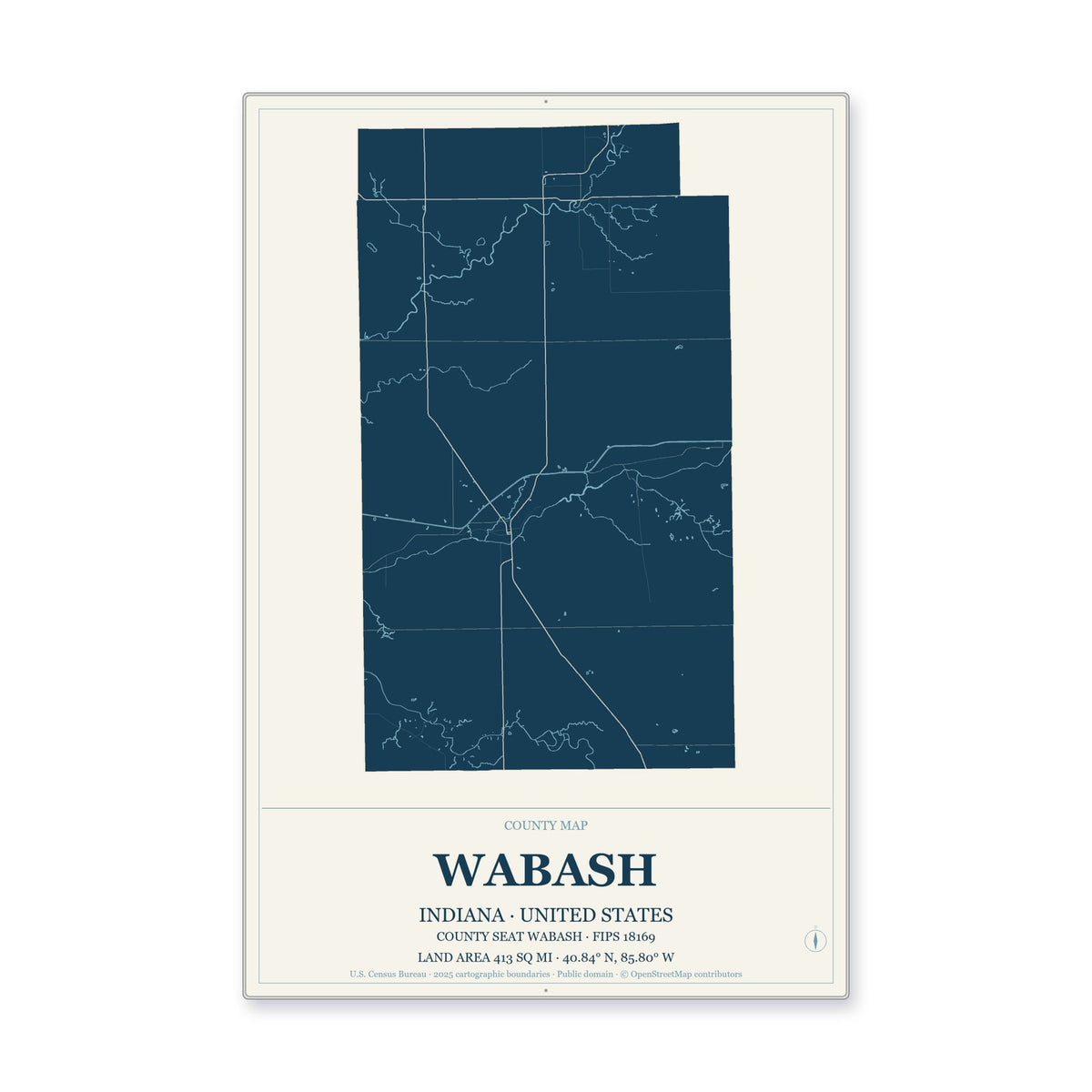 Wabash County, Indiana Map Aluminum Sign in Coastal Cutout style