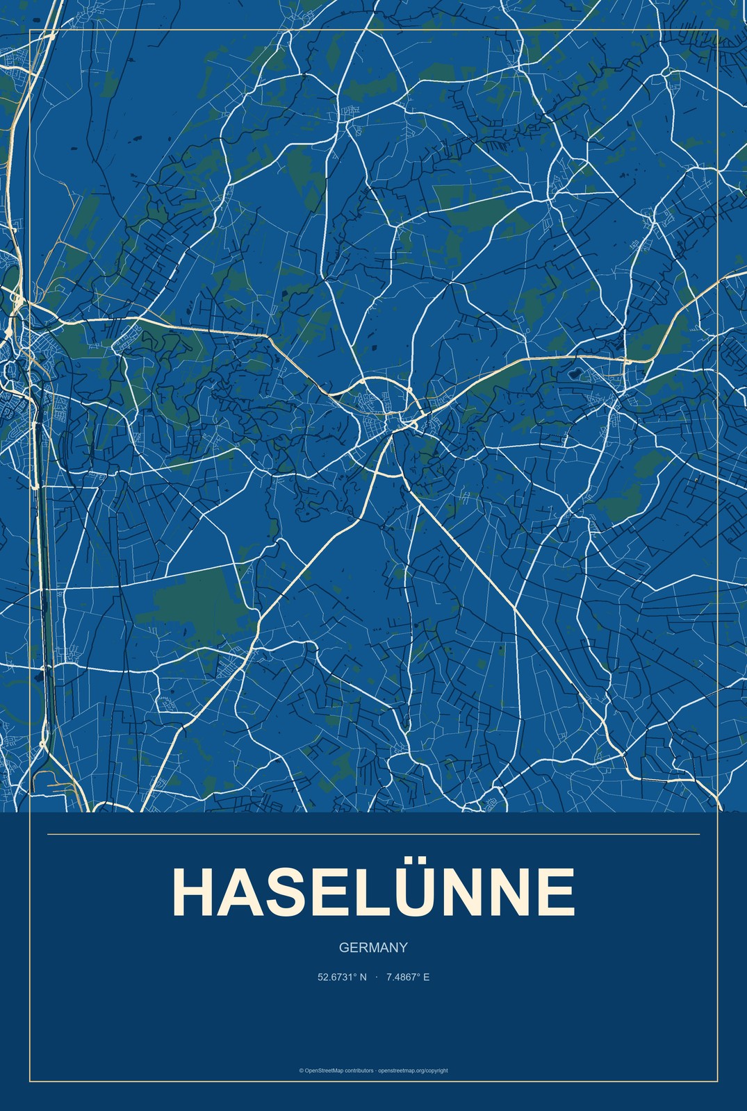 Haselünne, Germany City Map Aluminum Sign in Harbor Cobalt style