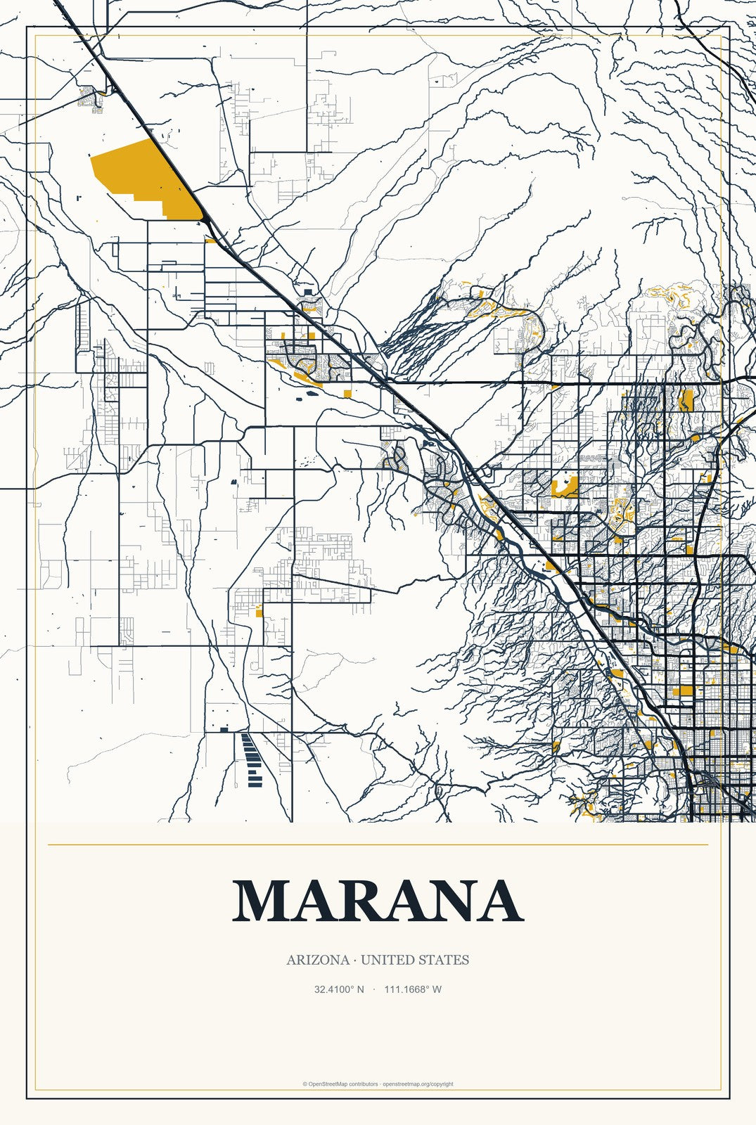 Marana, Arizona City Map Aluminum Sign in Citrine Modern style