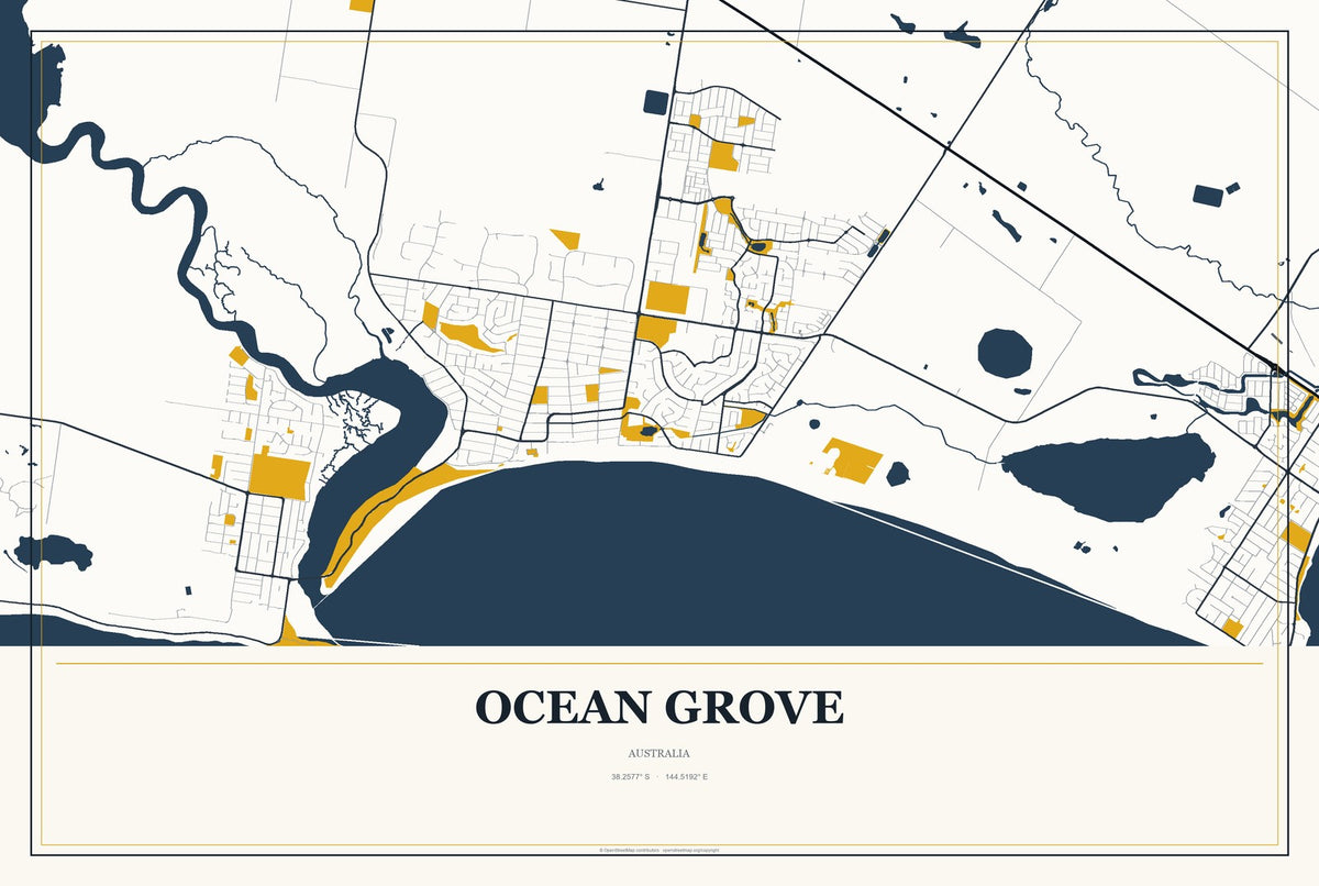 Ocean Grove, Australia City Map Aluminum Sign in Citrine Modern style
