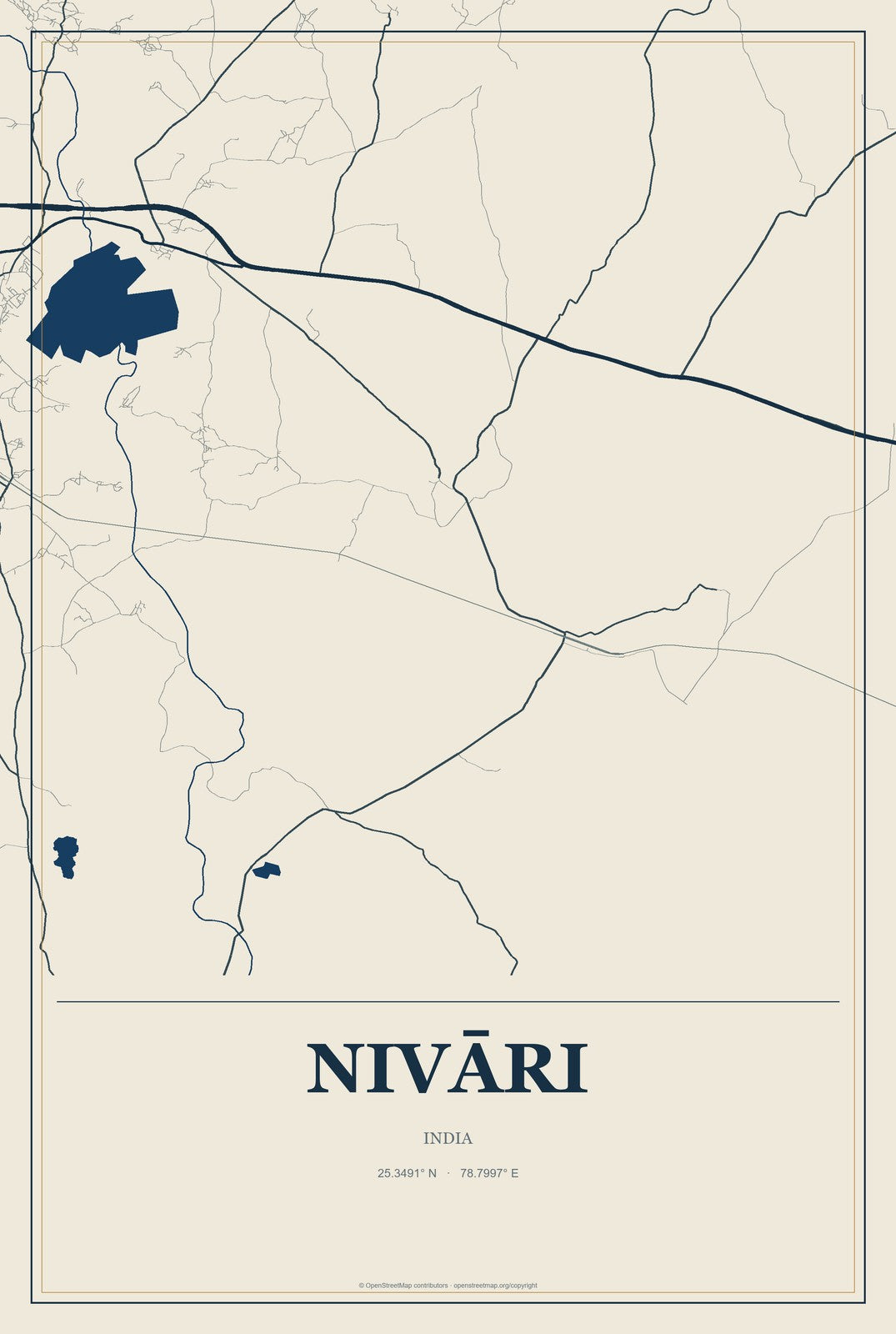 Nivāri, India City Map Aluminum Sign in Coastal Cutout style
