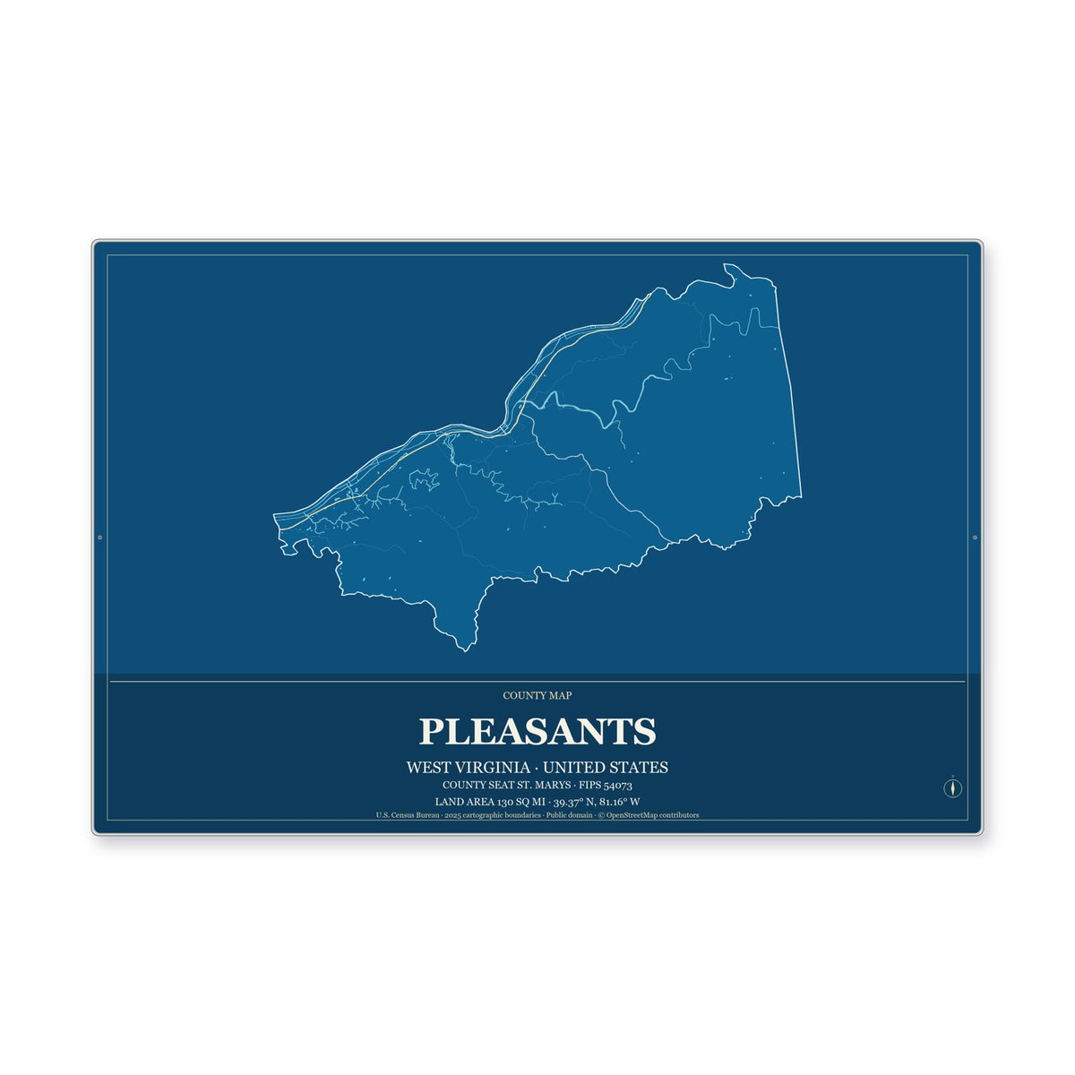 Pleasants County, West Virginia Map Aluminum Sign in Harbor Cobalt style
