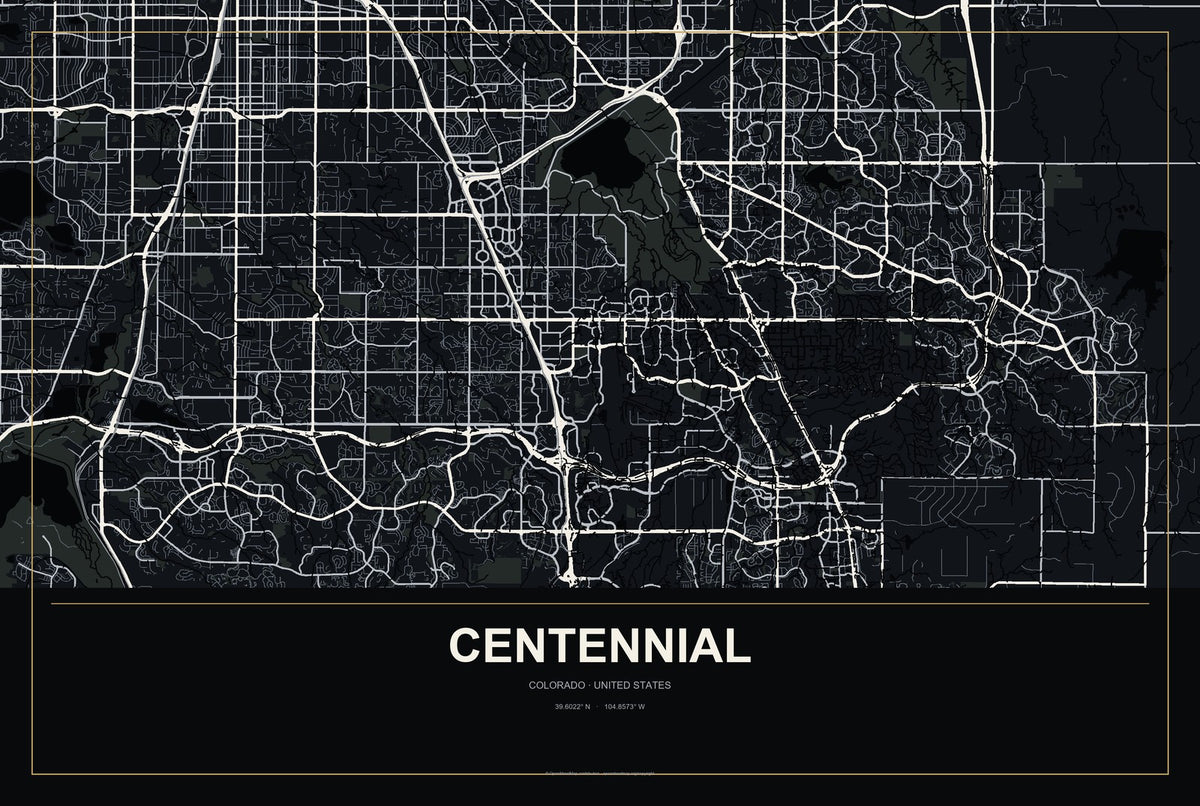 Centennial, Colorado City Map Aluminum Sign in Metropolitan Noir style