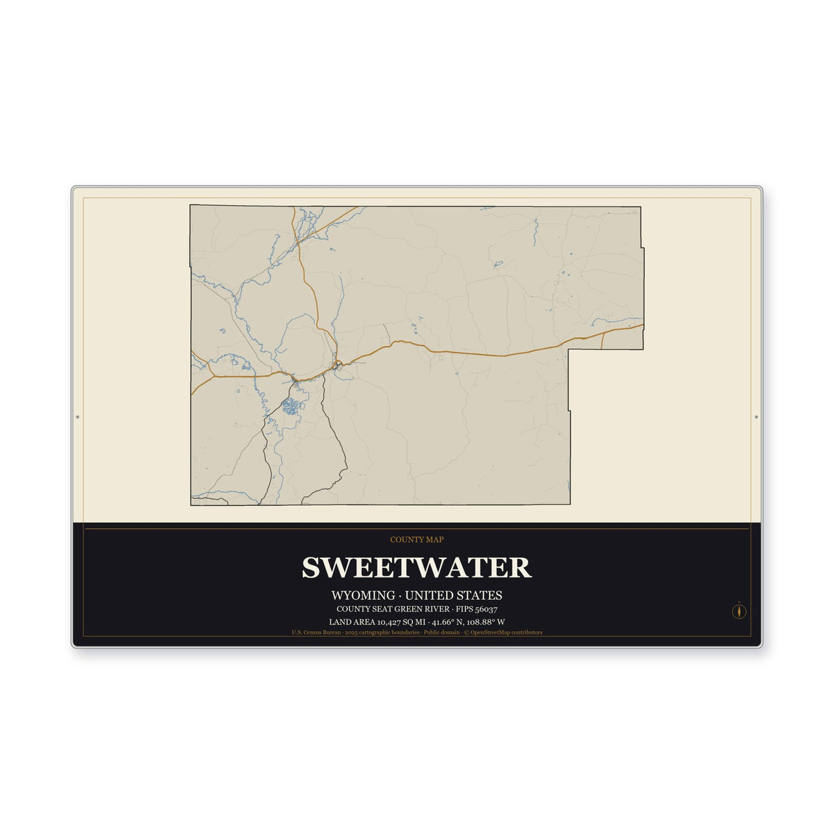 Sweetwater County, Wyoming Map Aluminum Sign in Museum Plaque style