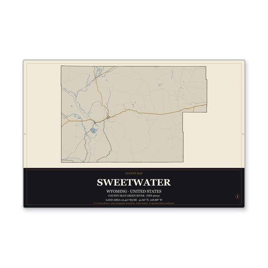 Sweetwater County, Wyoming Map Aluminum Sign in Museum Plaque style