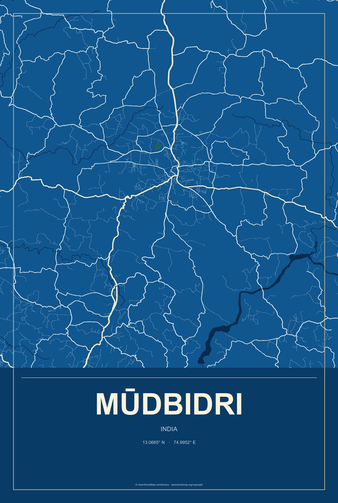Mūdbidri, India City Map Aluminum Sign in Harbor Cobalt style