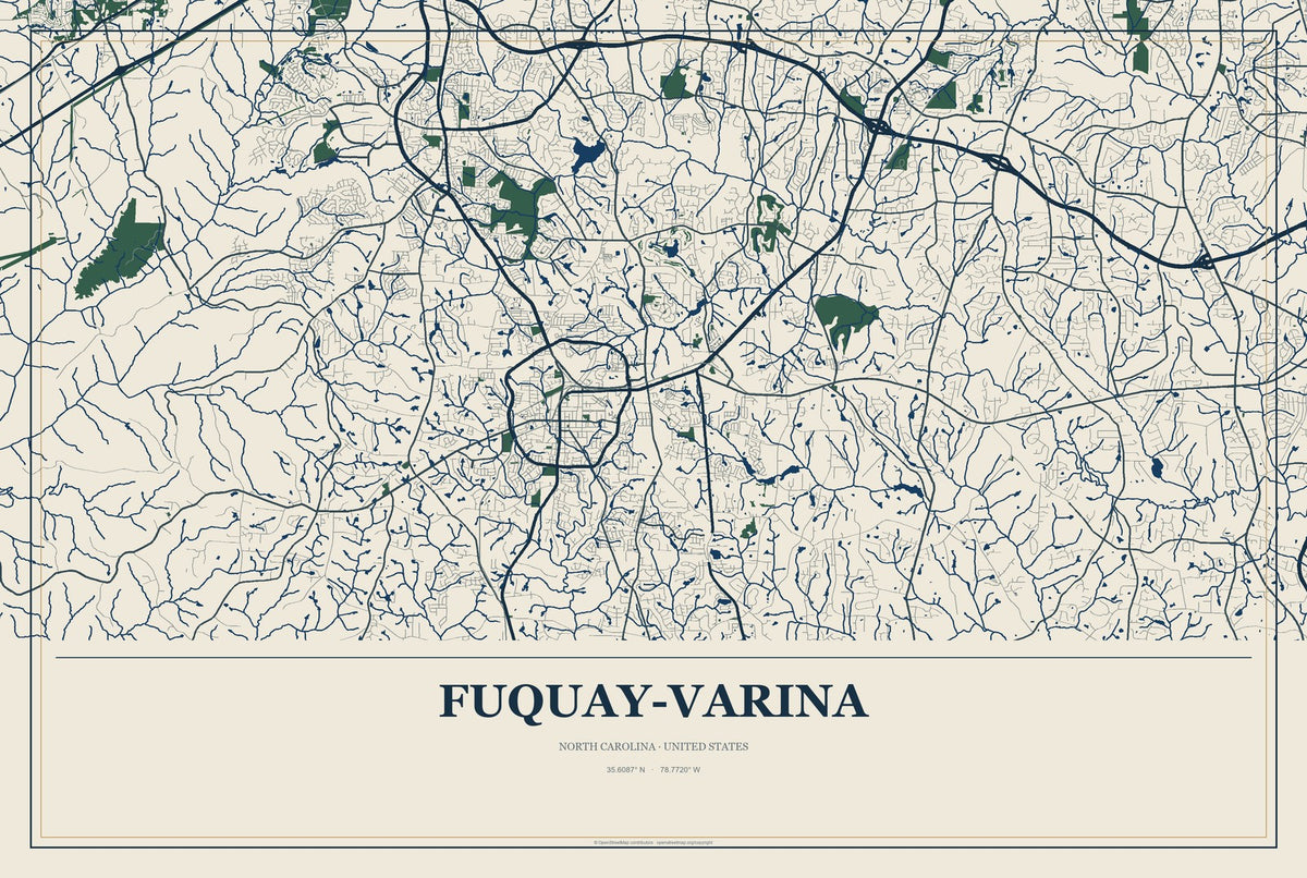 Fuquay-Varina, North Carolina City Map Aluminum Sign in Coastal Cutout style