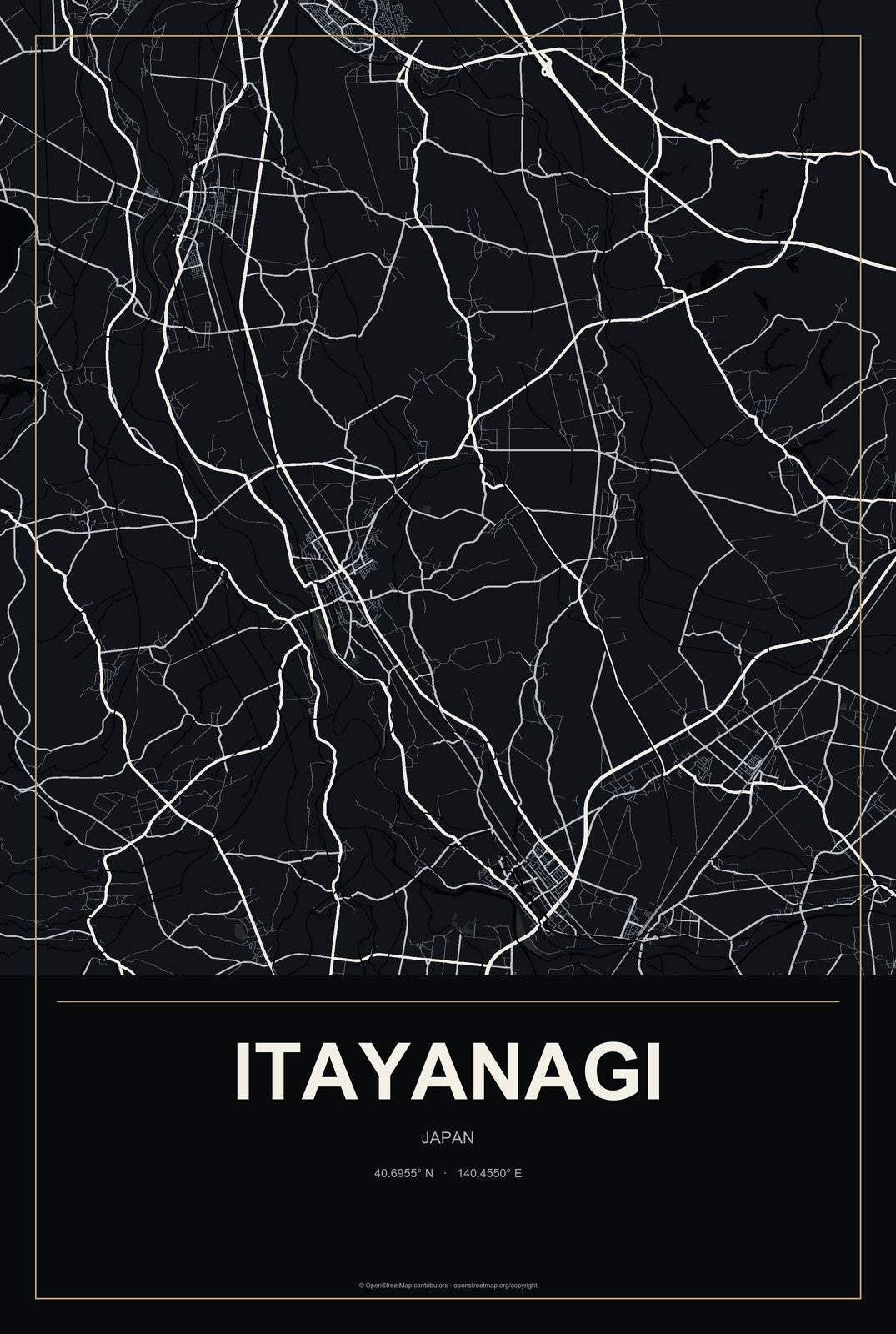 Itayanagi, Japan City Map Aluminum Sign in Metropolitan Noir style