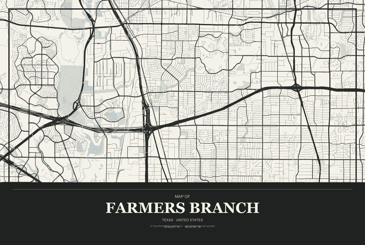 Farmers Branch, Texas City Map Aluminum Sign in Museum Plaque style
