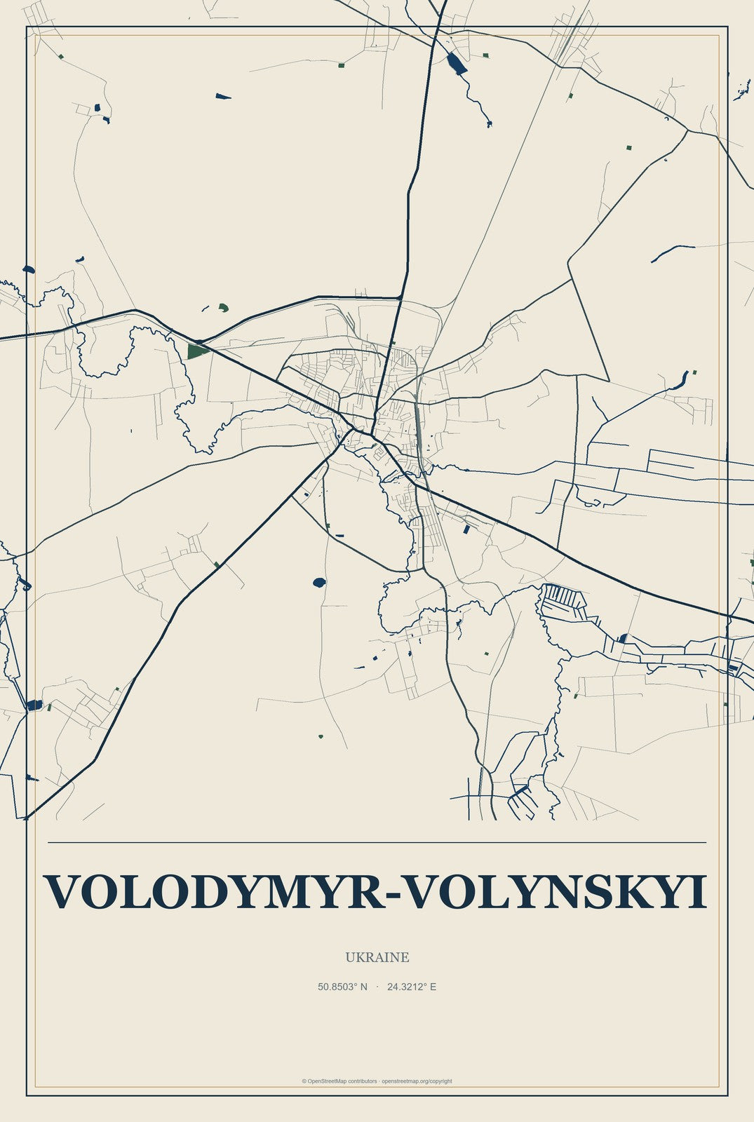 Volodymyr-Volynskyi, Ukraine City Map Aluminum Sign in Coastal Cutout style