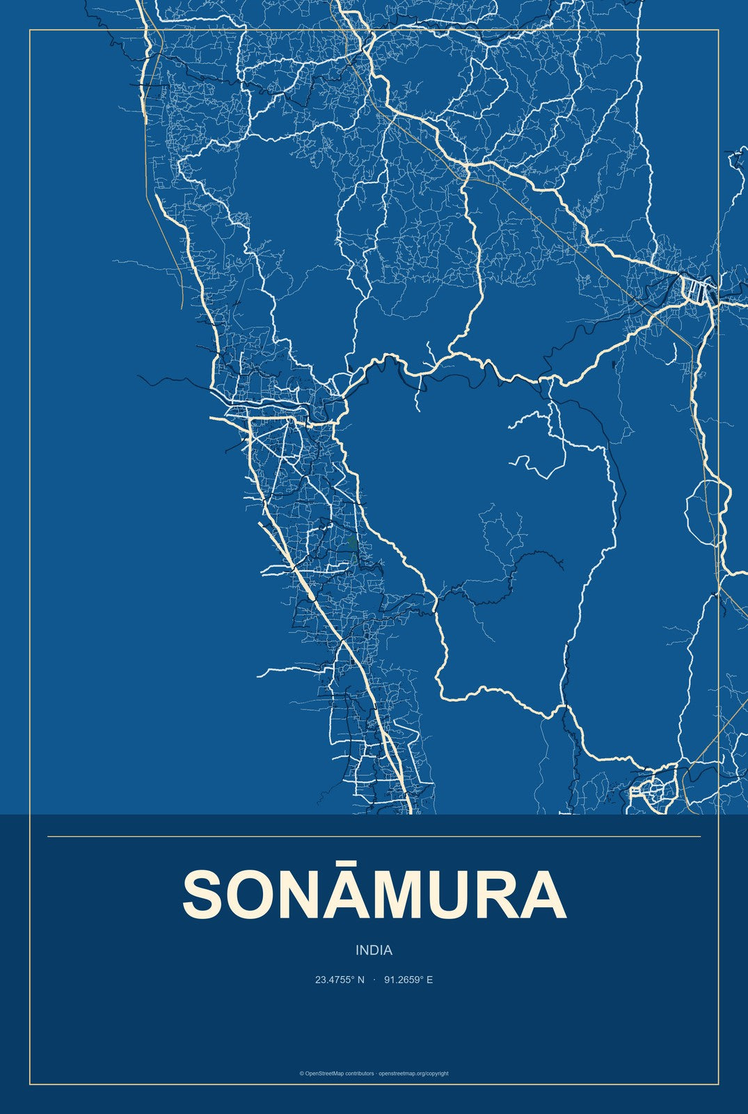 Sonāmura, India City Map Aluminum Sign in Harbor Cobalt style