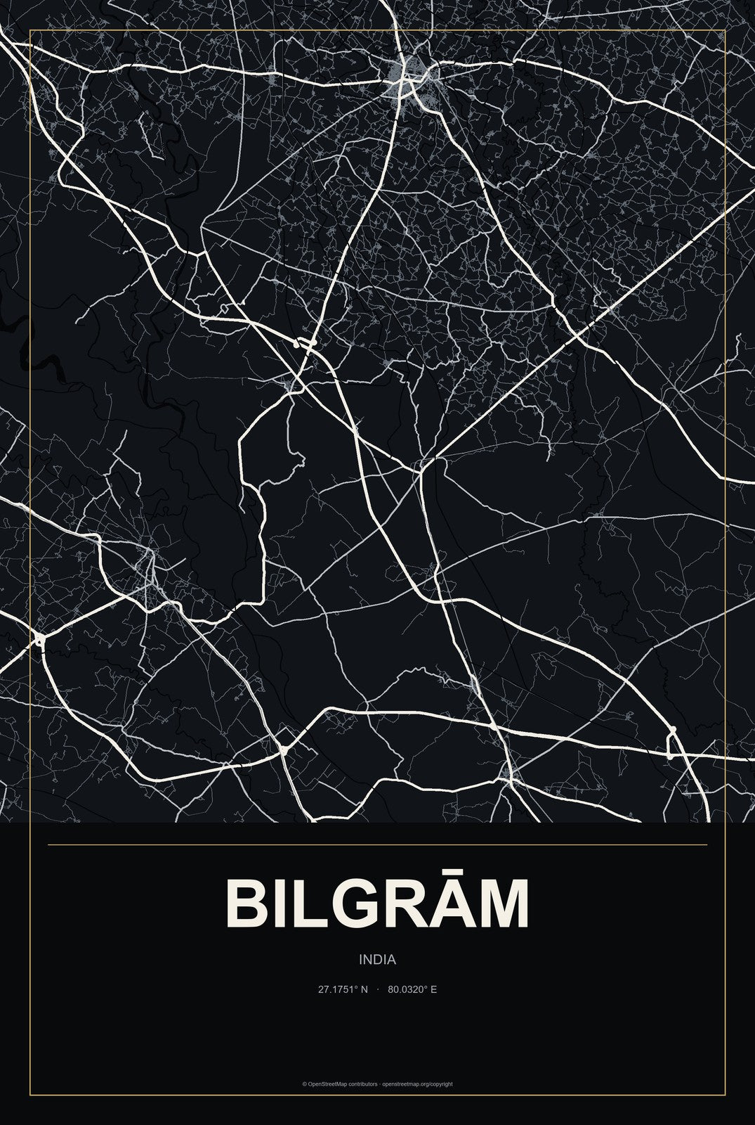Bilgrām, India City Map Aluminum Sign in Metropolitan Noir style