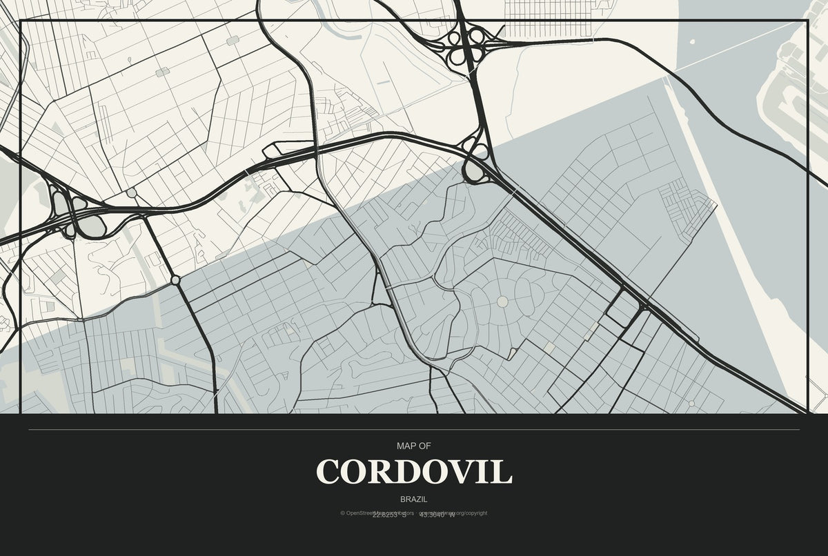 Cordovil, Brazil City Map Aluminum Sign in Museum Plaque style