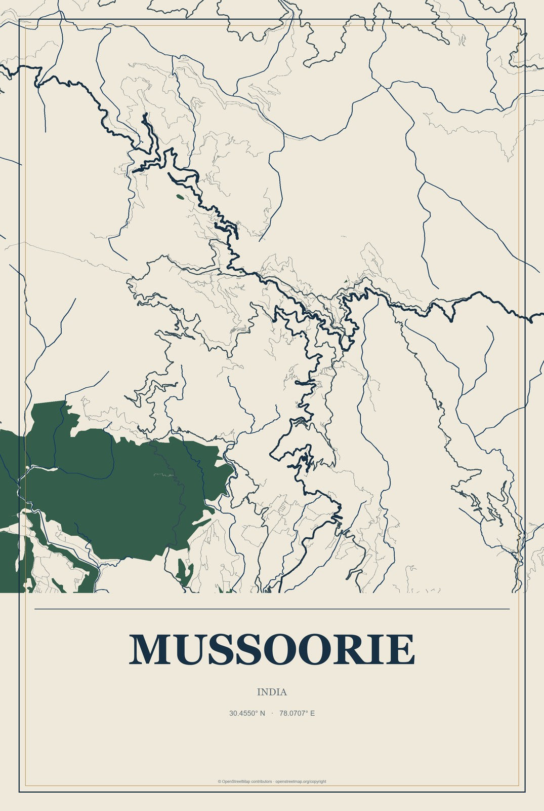 Mussoorie, India City Map Aluminum Sign in Coastal Cutout style