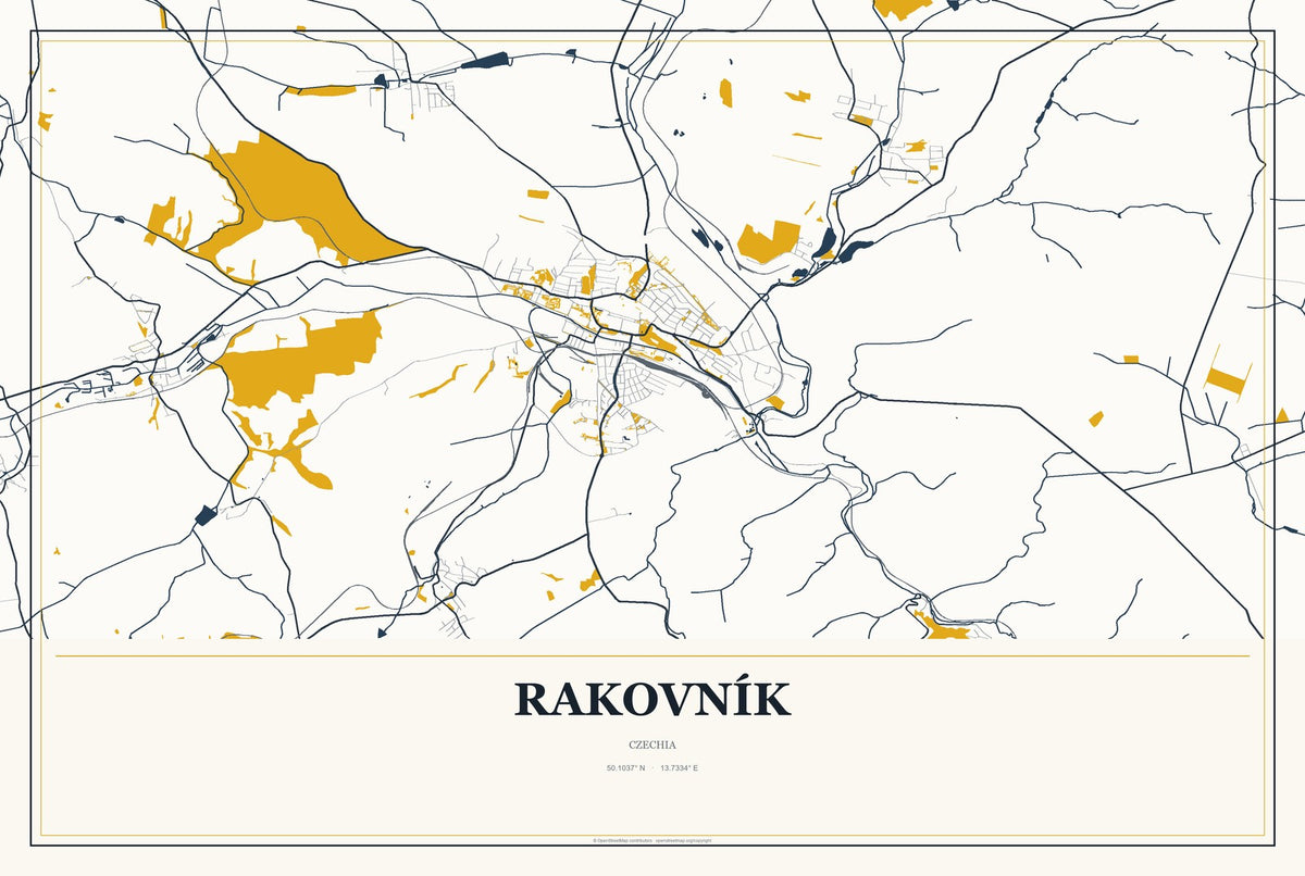 Rakovník, Czechia City Map Aluminum Sign in Citrine Modern style