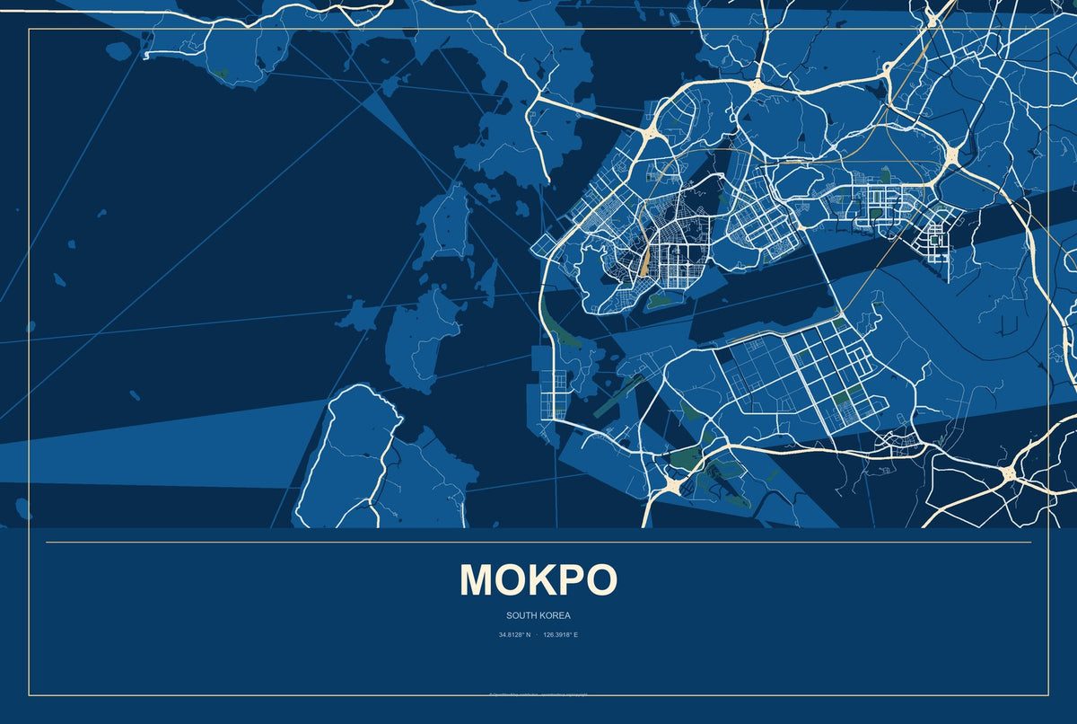 Mokpo, South Korea City Map Aluminum Sign in Harbor Cobalt style
