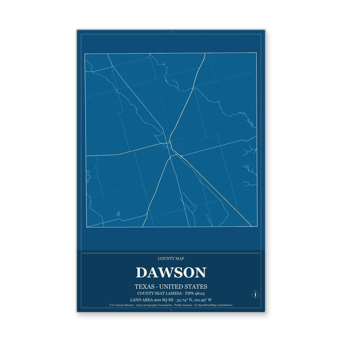 Dawson County, Texas Map Aluminum Sign in Harbor Cobalt style