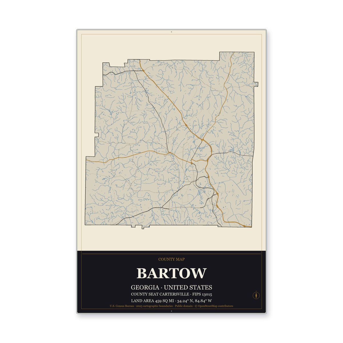 Bartow County, Georgia Map Aluminum Sign in Museum Plaque style