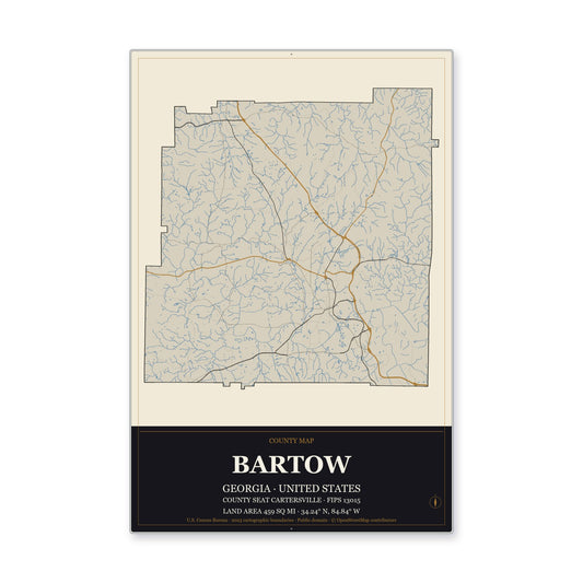Bartow County, Georgia Map Aluminum Sign in Museum Plaque style