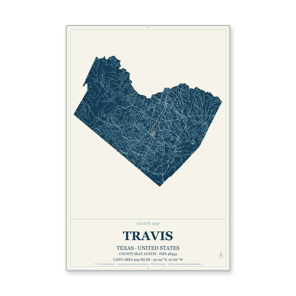 Travis County, Texas Map Aluminum Sign in Coastal Cutout style