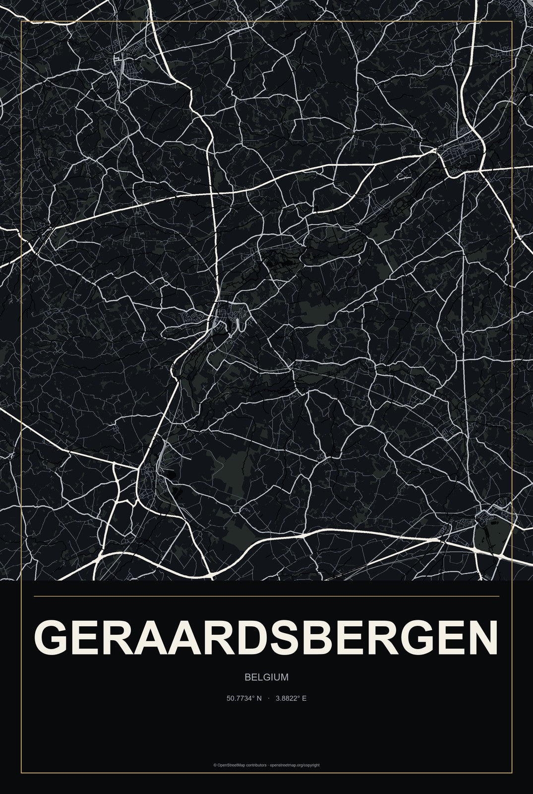 Geraardsbergen, Belgium City Map Aluminum Sign in Metropolitan Noir style
