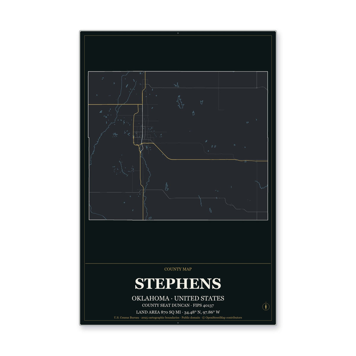 Stephens County, Oklahoma Map Aluminum Sign in Metropolitan Noir style