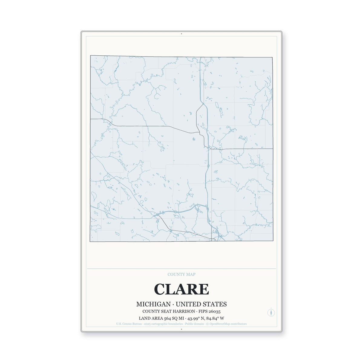 Clare County, Michigan Map Aluminum Sign in Gallery Air style