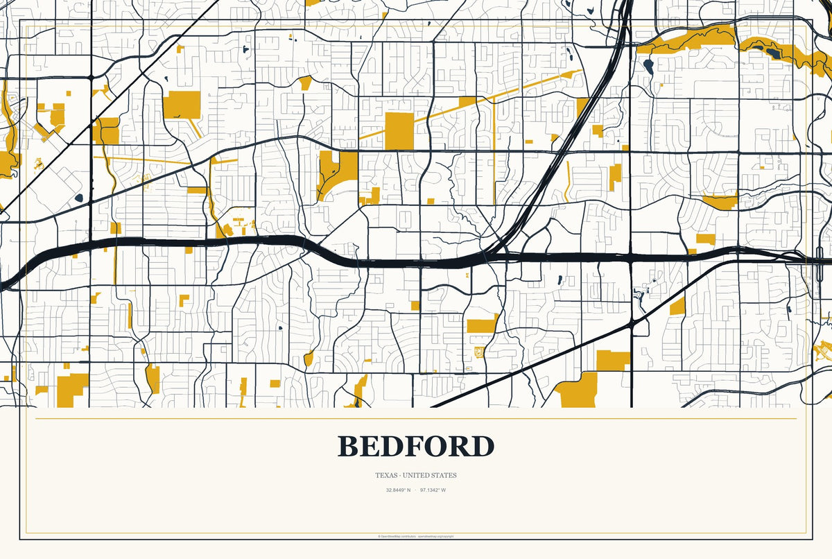 Bedford, Texas City Map Aluminum Sign in Citrine Modern style