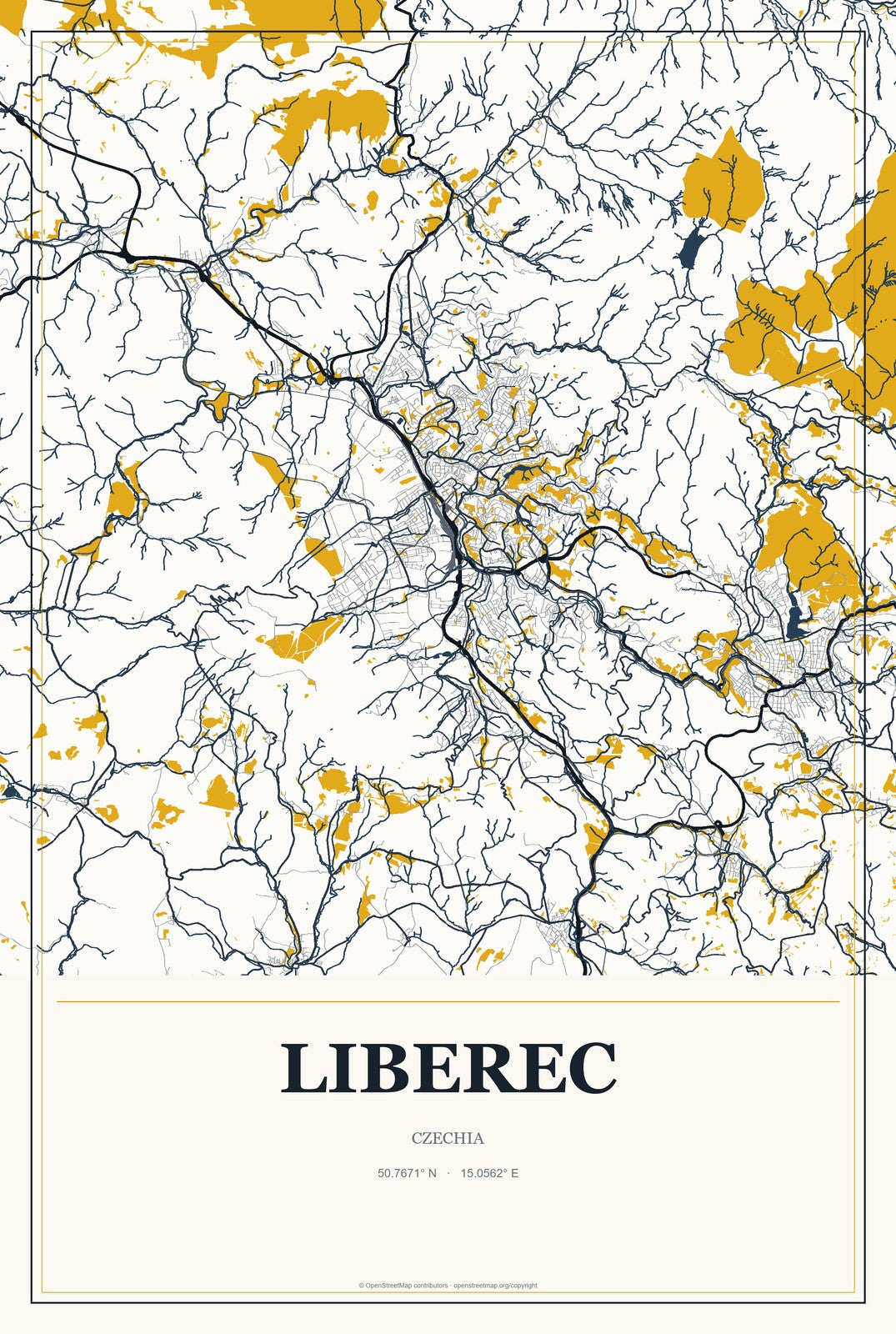 Liberec, Czechia City Map Aluminum Sign in Citrine Modern style