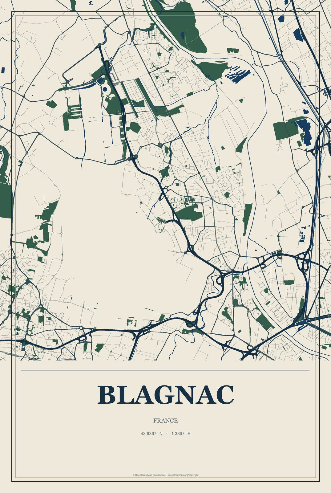 Blagnac, France City Map Aluminum Sign in Coastal Cutout style