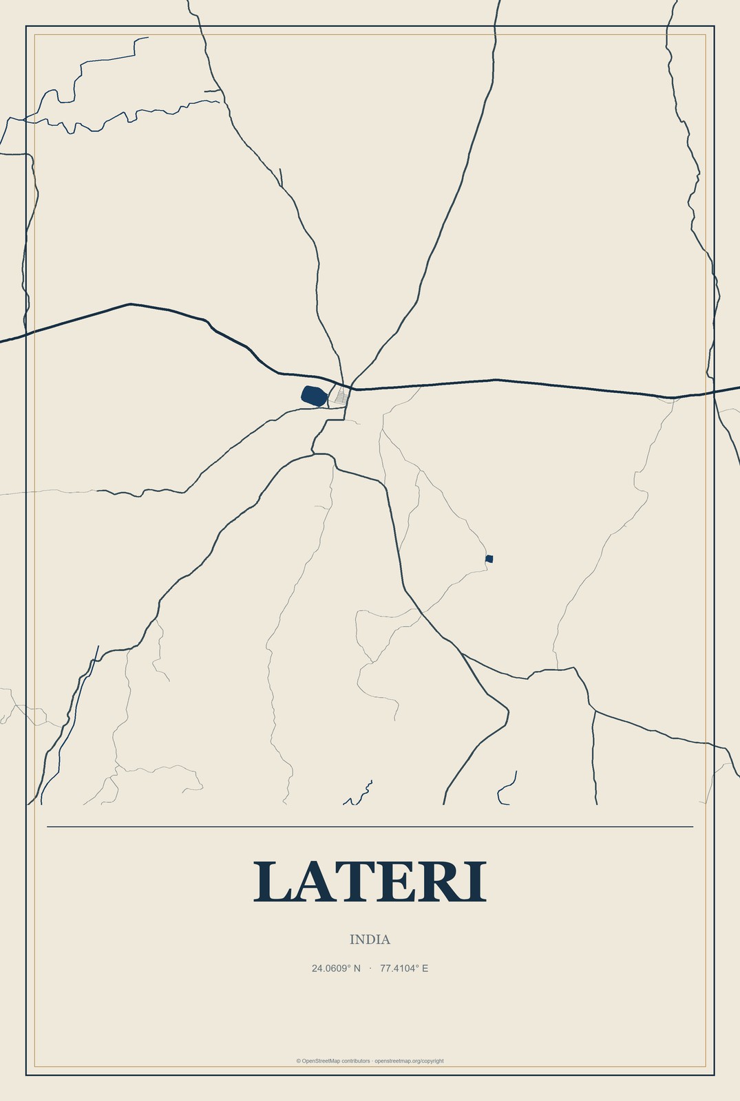 Lateri, India City Map Aluminum Sign in Coastal Cutout style