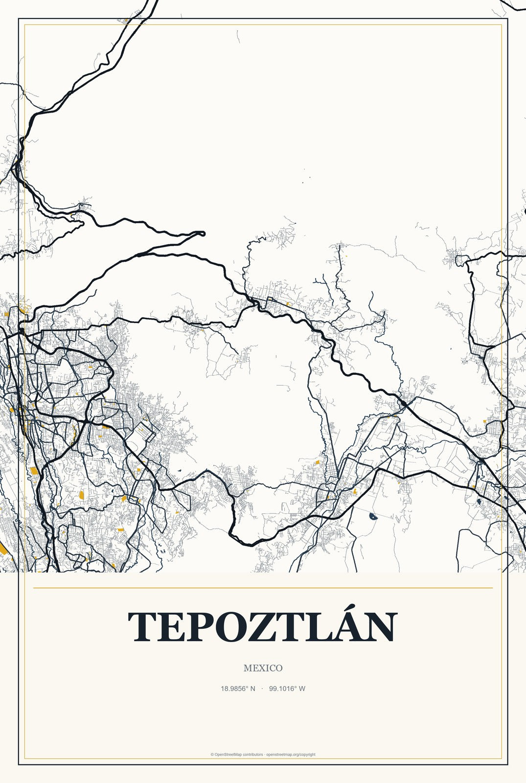 Tepoztlán, Mexico City Map Aluminum Sign in Citrine Modern style
